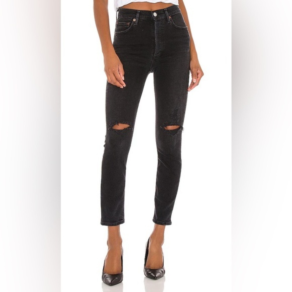 AGOLDE Nico High Rise Slim‎ Jeans in Cassette Distressed Black Wash Size 26